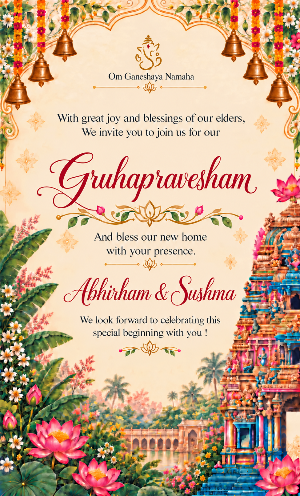 Welcome to Abhirham and Sushma's House Warming Ceremony